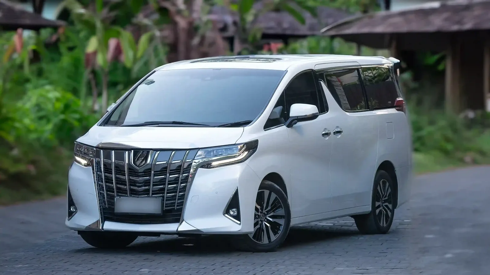 White Toyota Alphard luxury MPV on a paved drive with tropical greenery in Bali